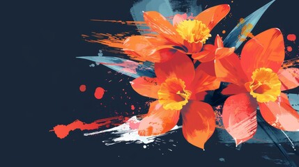   A collection of flowers against a blue and orange backdrop, bottomed by a paint splash