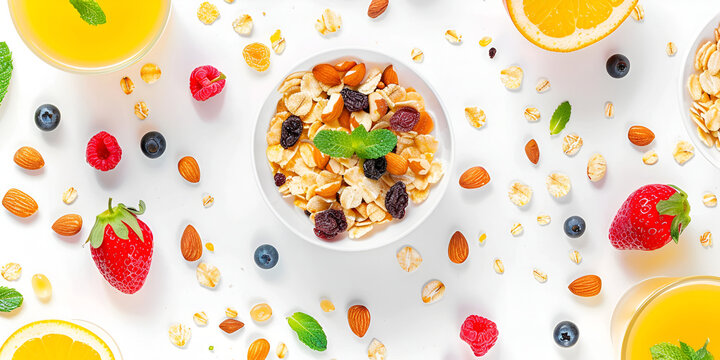 Bowl of oatmeal and ingredients for cooking on white background  colorful assortment of fresh fruits and nuts on a clean healthy snacks white isolated background Food.