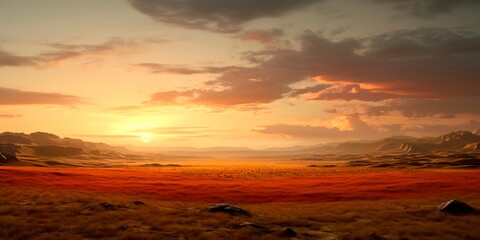 Fototapeta na wymiar vast plains during sunset, with the sky ablaze in warm colors and the land bathed in soft light.