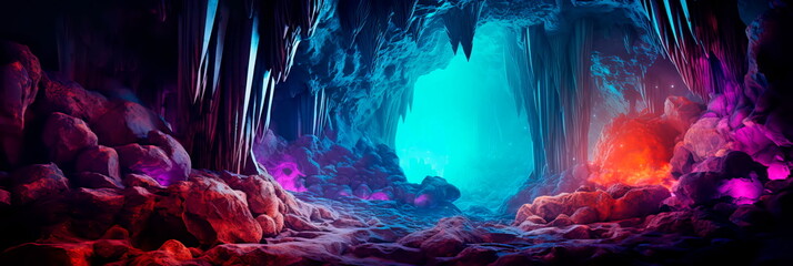 mystical landscape within luminescent caves, where glowing crystals and stalactites illuminate the underground world. - obrazy, fototapety, plakaty