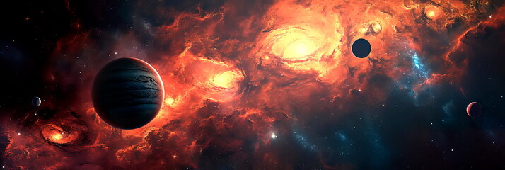cosmic background with a nebula backdrop, complemented by silhouettes of planets and distant...