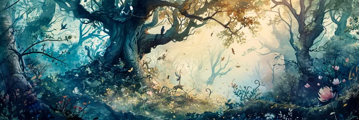 Poster enchanted watercolor forest with fairy-tale creatures, wise old trees, playful spirits. © Maximusdn