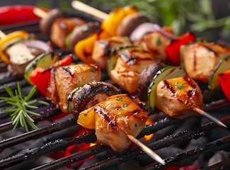 Colorful and delicious chicken shish kebab on the grill with mushrooms