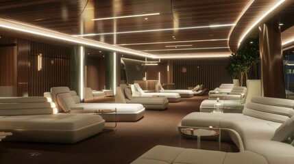 Elegant high-tech lounge with modern white sofas and dynamic lighting