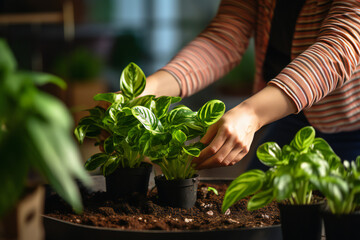 woman planting a plant. Person gardener hand replanting home green plants. Transplanting a houseplant into a new flower pot. gardening. Taking care of home plants, watering plants