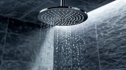 Modern Shower Head with Flowing Water Droplets. Generative ai