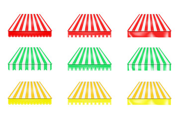 Striped awning isolated on white background. Red, green, yellow color set. Canopy for restaurant, cafe or store. Tent roof for building front exterior. Template for design