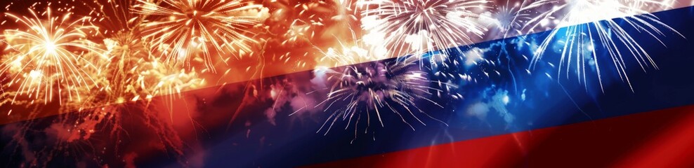 Day of Russia. Russian Flag on the wind, Festive fireworks on the background of the Russian flag
