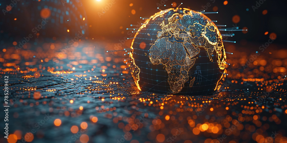 Poster technologically connected globe: a map of global business transfers and telecom advancements