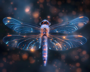 Dragon fly with Blue glowing wireframe abstract futuristic background - obrazy, fototapety, plakaty