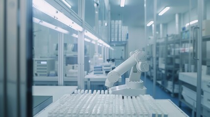 Automated robotics arm working in a high-tech pharmaceutical lab