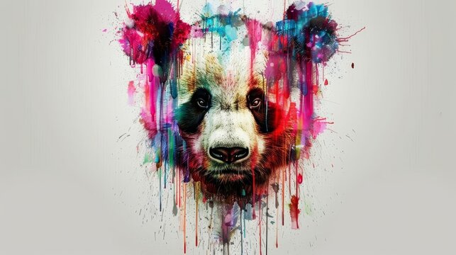   A painting of a bear's head adorned with multicolored splatters