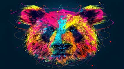   A multicolored bear's head is centered against a dark backdrop, adorned with linear elements and scattered dots