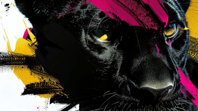   A tight shot of a Black Panther's face adorned with splatters of yellow and pink paint