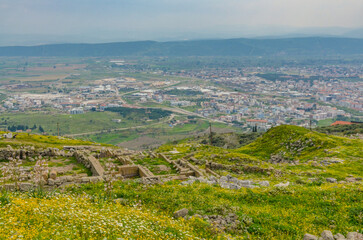 scenic view of Bergama from Pergamon Acropolis ruins (Izmir province, Turkiye)