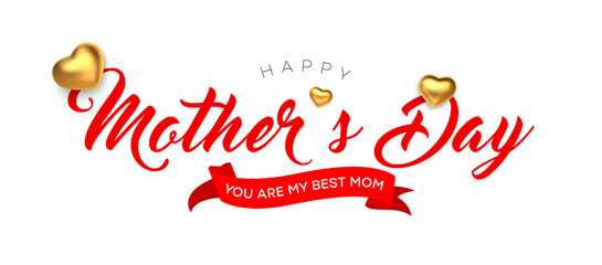 Mother's Day greeting card with golden realistic 3D hearts. Mother day postcard. Vector illustration