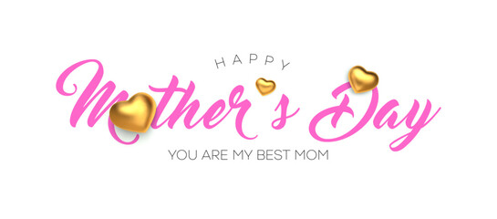 Mother's Day greeting card with golden realistic 3D hearts. Mother day postcard. Vector illustration