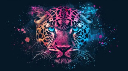   A leopard's face in tight focus, adorned with vibrant paint splatters against a dark backdrop - obrazy, fototapety, plakaty