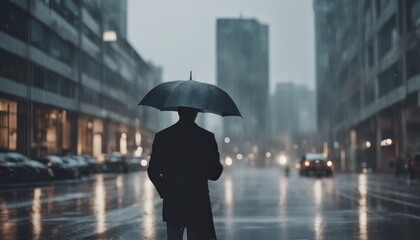 Stylish man in rainy day with smartphone stands on city street with modern building on background