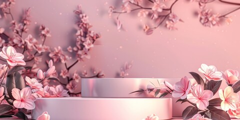 Double pink podium with delicate flowers for various products