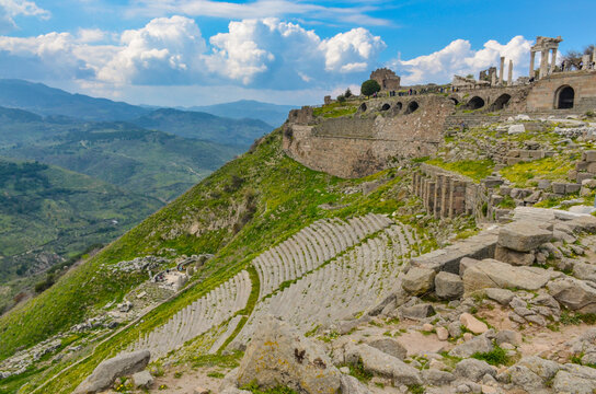 Pergamon acropolis scenic view with amphitheater and Traianeum ruins (Bergama, Izmir province, Turkiye)