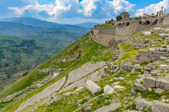 Pergamon acropolis scenic view with amphitheater and Traianeum ruins (Bergama, Izmir province, Turkiye)