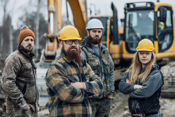 Fototapeta premium Labor day. A team of construction workers and a construction site in the background.