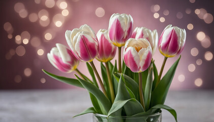 A radiant bouquet of pink and white tulips with a sparkling bokeh effect in the background