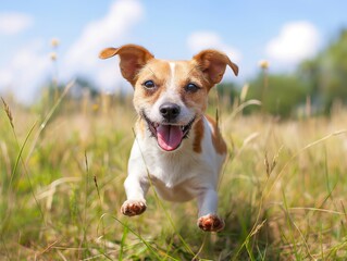 A small dog is jumping in the grass. The dog is happy and excited. The grass is green and tall