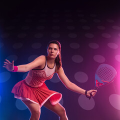 Padel tennis player with racket on tournament. Girl athlete with paddle racket on court with neon colors. Sport concept. Social media template - 785292057