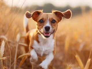 A brown and white dog is running through a field of tall grass. The dog is happy and energetic, with its ears perked up and its tongue hanging out. The scene is lively and full of energy