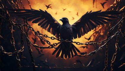 A symbolic illustration of freedom, the silhouette of a bird flying free from chains depicts liberation and victory

 - obrazy, fototapety, plakaty