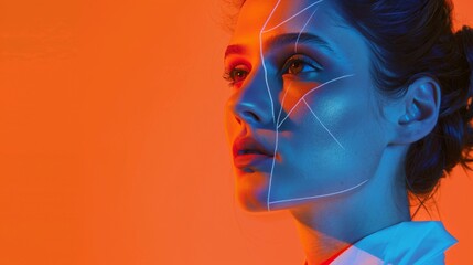 Futuristic portrait of a woman with geometric makeup in neon lighting - obrazy, fototapety, plakaty