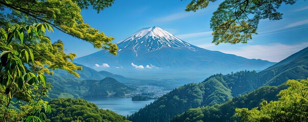 Breathtaking view of Mount Fuji amidst a forest of springtime trees. - obrazy, fototapety, plakaty