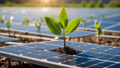 Tree sprouting from the center of a field of solar panels, symbolizing the growth of renewable energy  - obrazy, fototapety, plakaty