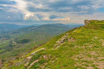 Fototapeta premium scenic view of Pergamon aqueduct from Acropolis ruins (Bergama, Izmir province, Turkiye)
