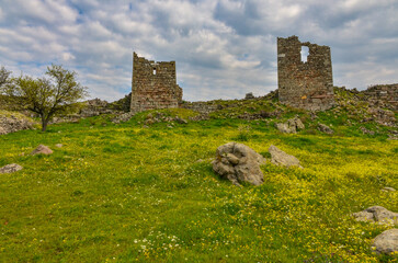 Arsenal ruins and flower meadow on top of Pergamon Acropolis (Bergama, Izmir province, Turkiye)