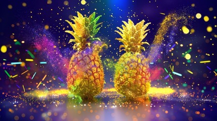   A pair of pineapples against a dark blue backdrop, encircled by confetti and sprinkles