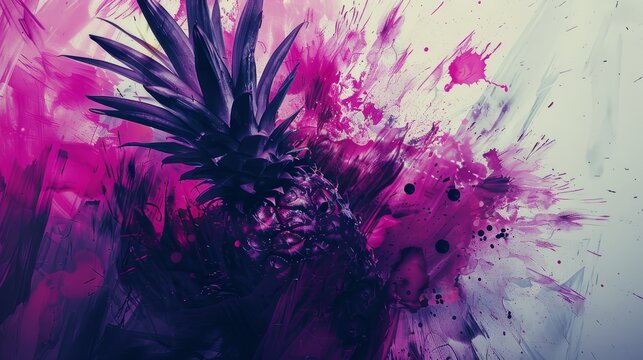   A pineapple painting against a backdrop of pink and white Inferior edge holds a drip of colorful paint