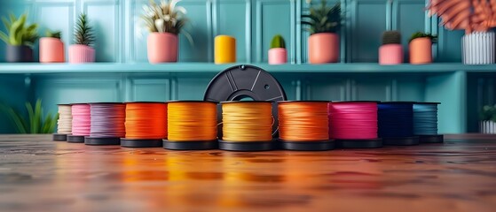 Colorful Filament Array for 3D Printing Creativity. Concept 3D Printing, Colorful Filament, Creativity, Array, Filament Selection - obrazy, fototapety, plakaty
