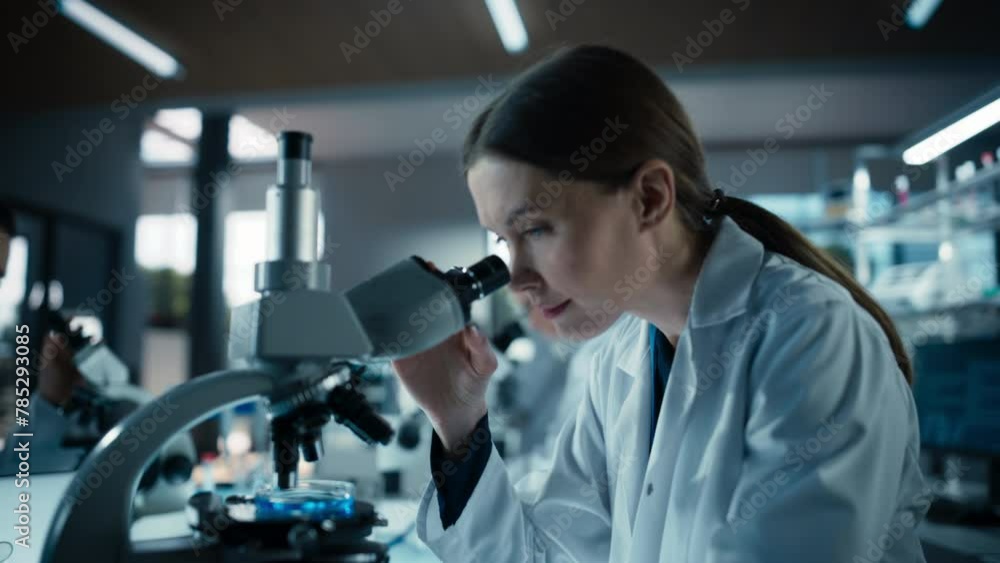 Poster portrait of a beautiful caucasian student working on a research project in college. medical research