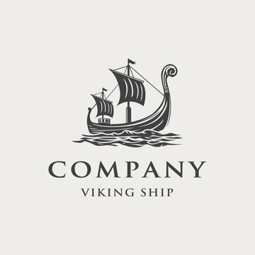 Vintage Long Ship Viking Drakkar Boat Logo Design