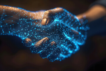 Digital Connection, Illuminated Blue and Orange Hands Shaking