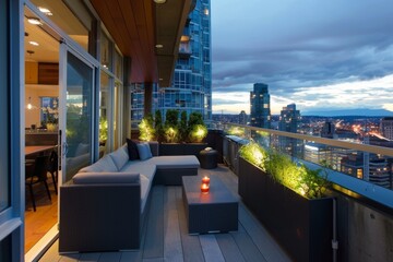 Elegant modern balcony with urban skyline view at twilight