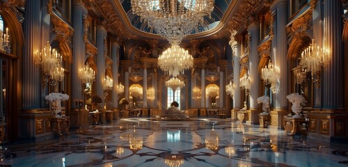 Splendid chandelier adds allure to lavish ballroom with its polished marble setting. - obrazy, fototapety, plakaty