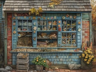A blue building with a window display of various knick knacks. The window is open and the inside of the building is cluttered with items
