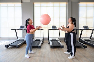 Two overweight women exercise workout in gym. Plus size woman training with fitball. Weight loss workout, healthy lifestyle concept.