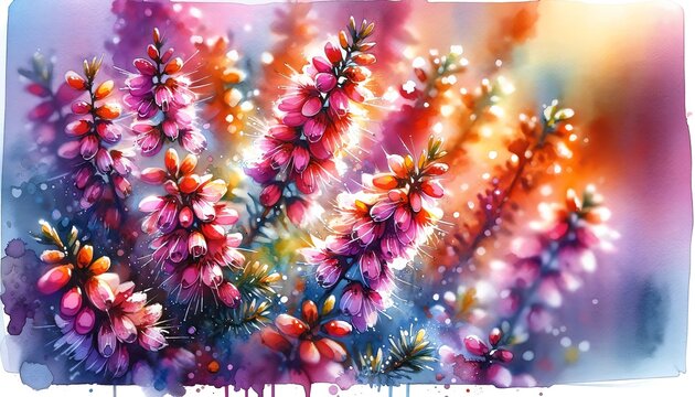 Watercolor Painting of Winter Heath Flowers