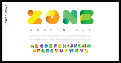 Zone Creative Design vector Font of twisted Ribbon for Title, Header, Lettering, Logo. Funny Entertainment Active Sport Technology areas Typeface. Colorful rounded Letters and Numbers.