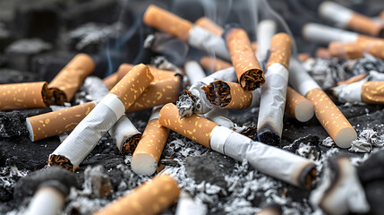 Cigarette butts on a black ashtray with smoke